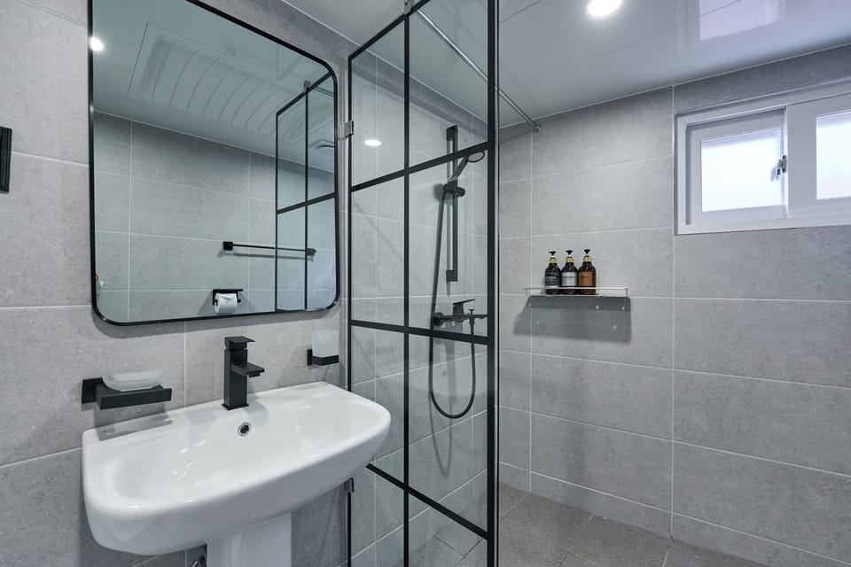 Deluxe | Bathroom | Hair dryer, towels, shampoo, toilet paper