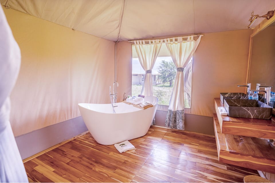 Separate tub and shower, jetted tub, rainfall showerhead, hair dryer