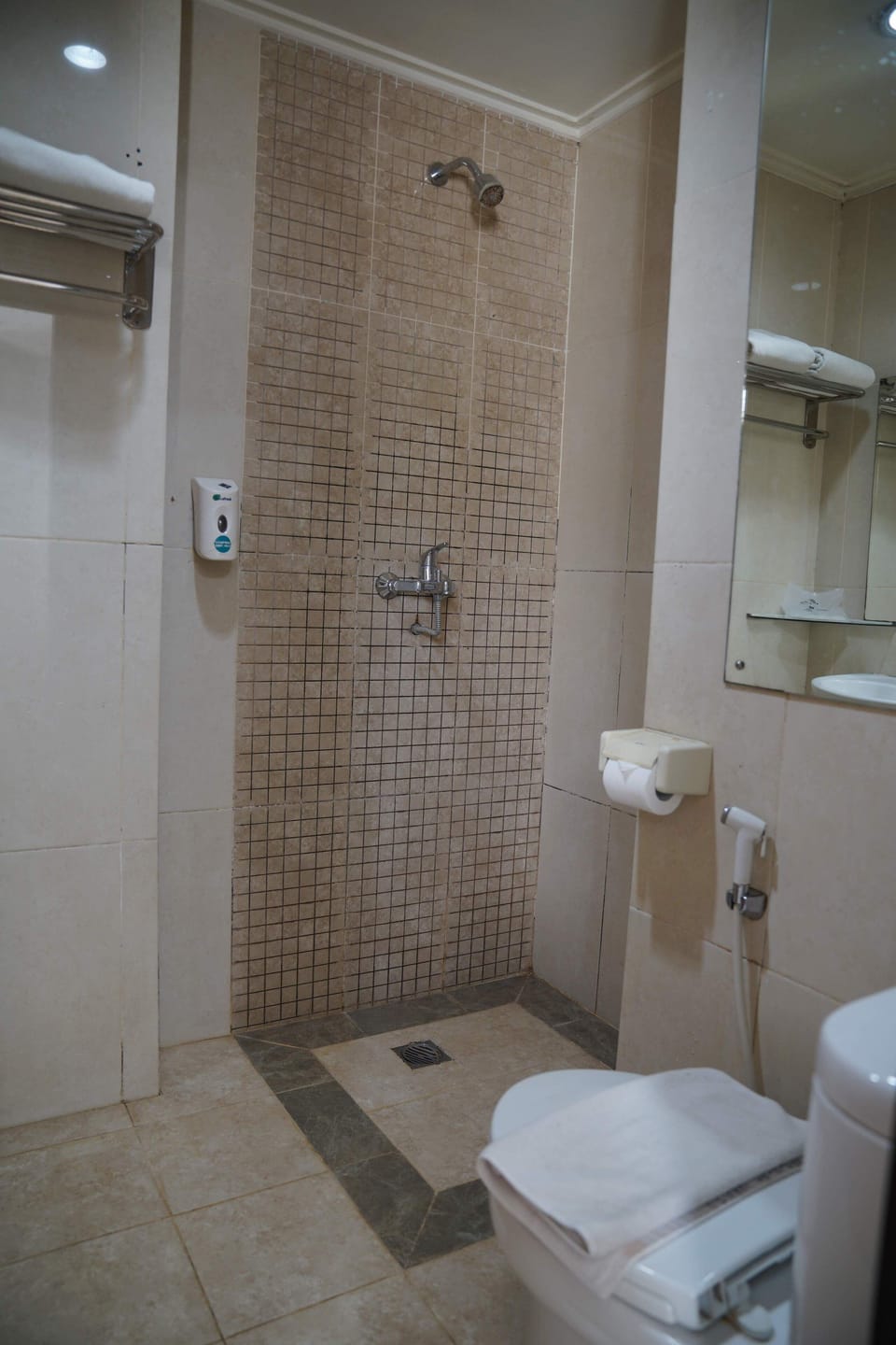 Shower, hydromassage showerhead, free toiletries, slippers