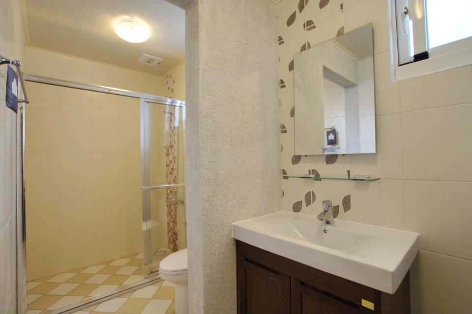 Shower, hair dryer, slippers, towels