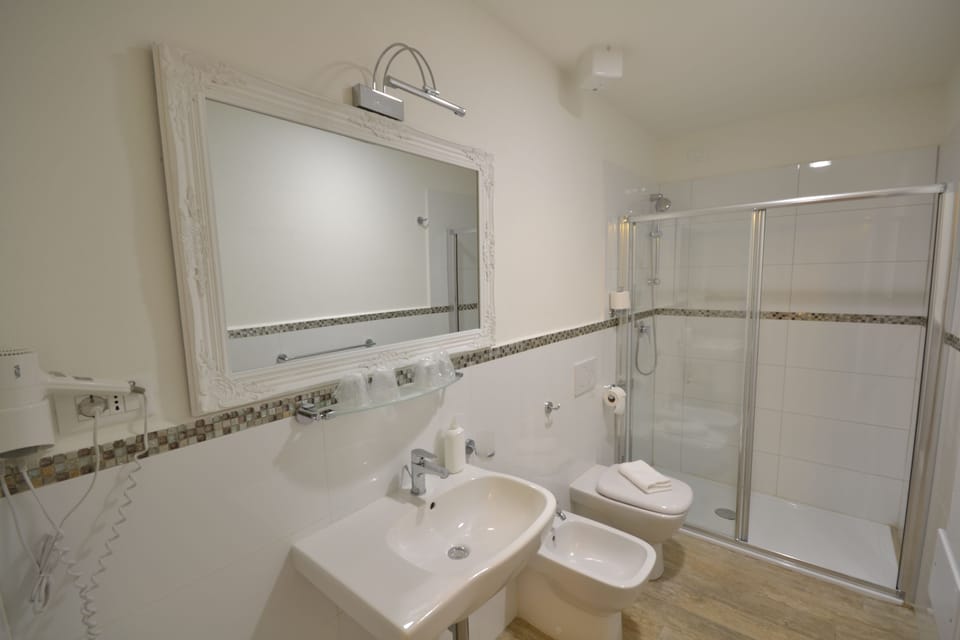 Shower, free toiletries, hair dryer, bidet