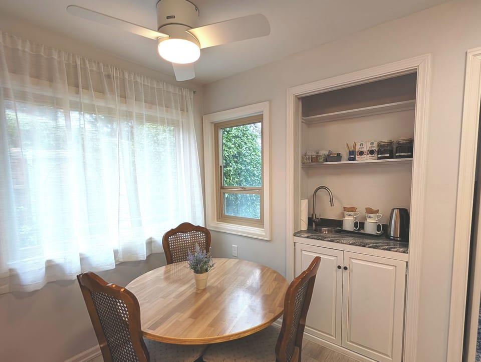 The dining area and a well stocked coffee bar.