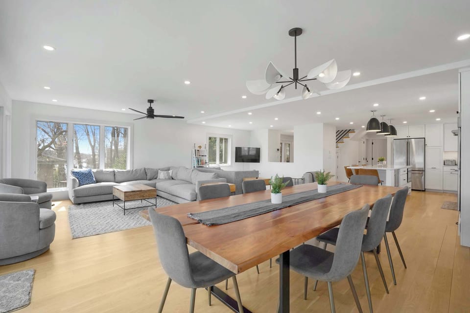 Open-concept living and dining area with natural light