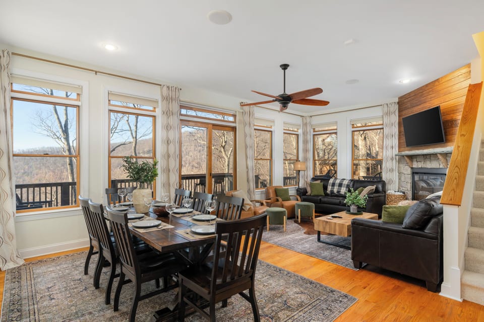 Dining area with a spacious table that comfortably seats 8-10 guests