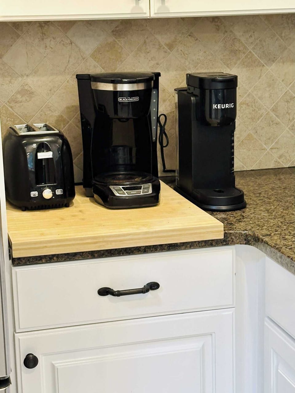 The Kitchen includes a drip coffee coffeemaker and single cup Keurig machine for your morning coffee or evening cup of decaf.