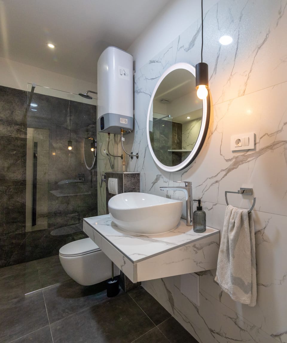 Deluxe Apartment | Bathroom | Shower, hydromassage showerhead, hair dryer, towels