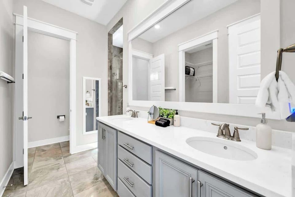Primary bathroom featuring a large walk-in closet and large shower.