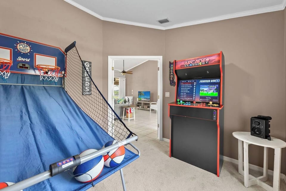Game room offers over 3000 games on the full size arcade with a pop a shot game.