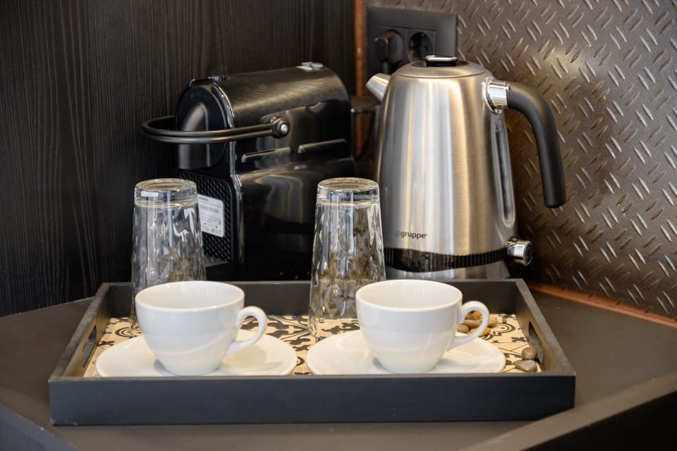 Mini-fridge, microwave, espresso maker, electric kettle