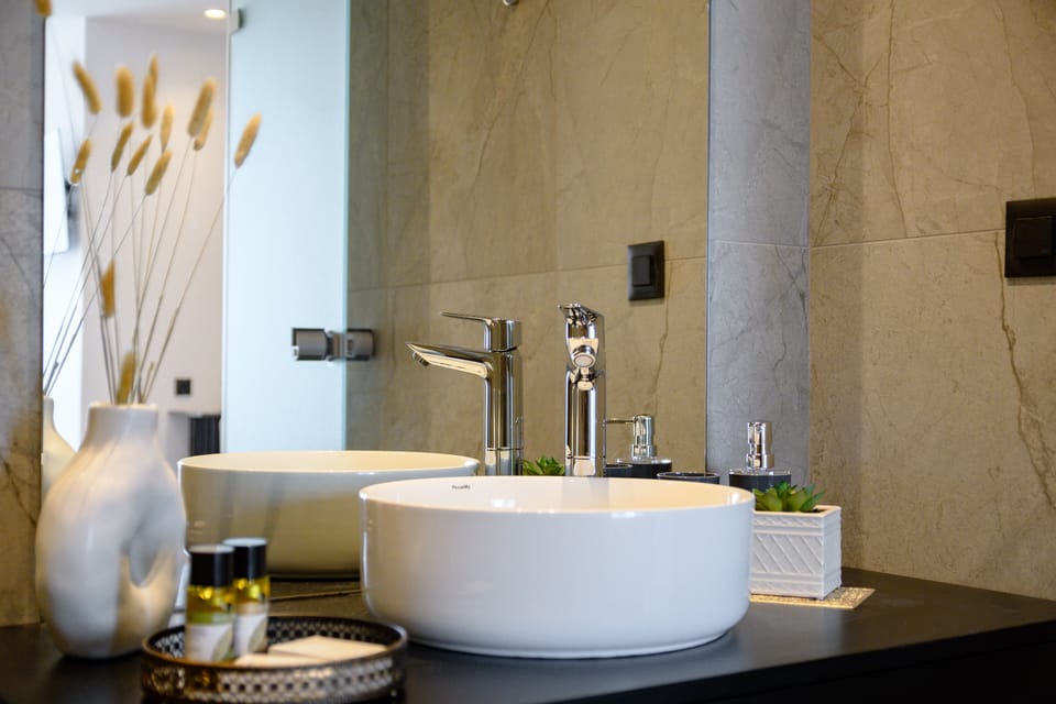 Rainfall showerhead, hair dryer, towels, soap