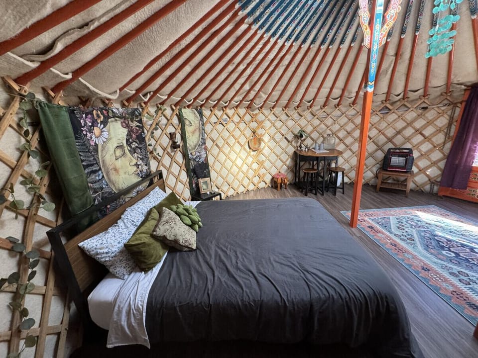 Mongolian yurt with Queen size bed and propane heater. No electricity, lanterns provided.