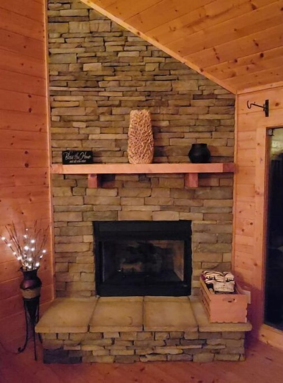 Gas stone fireplace.
