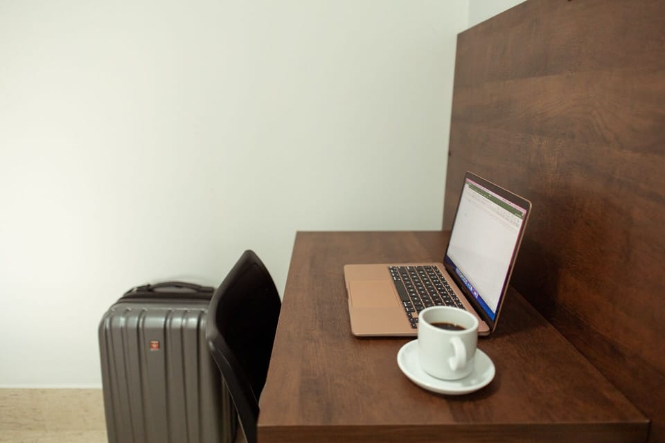 Desk, laptop workspace, free WiFi