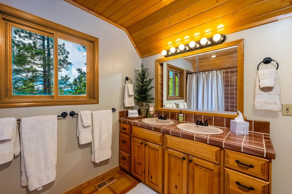This bathroom is shared between the upstairs main suite and the loft space