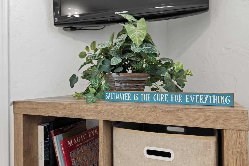 Fun decor, books, and TV nook. 
