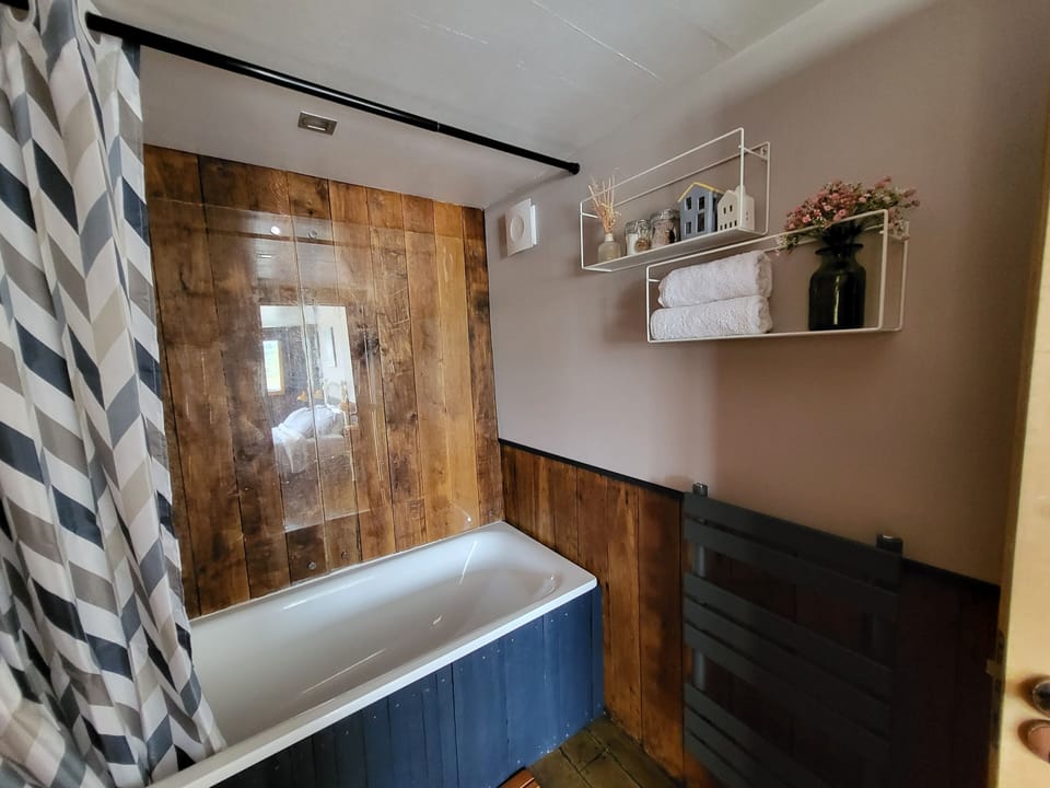 Combined shower/tub, hair dryer, towels