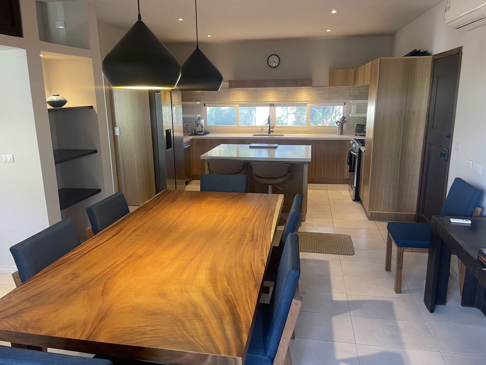 Social kitchen and large Guanacaste wood dining table seats 8-10.