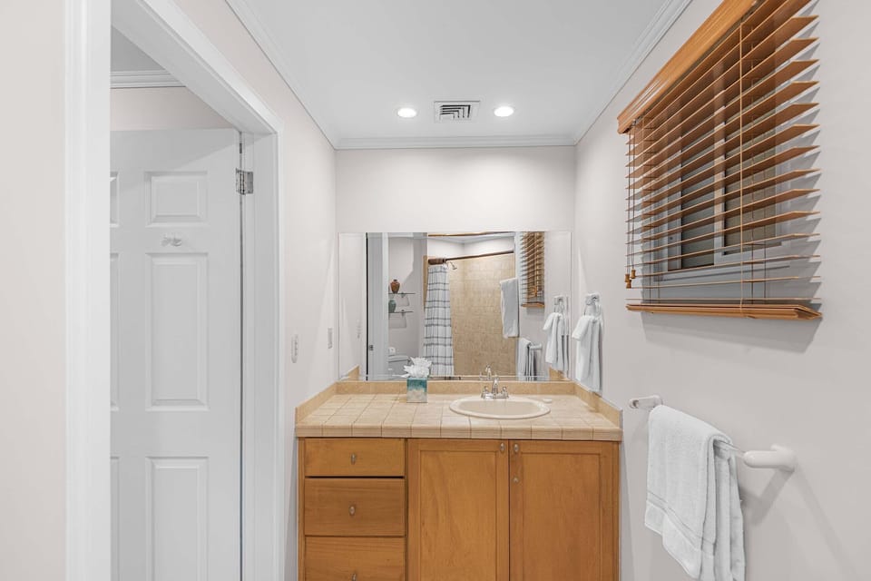 A spacious and private master bathroom.