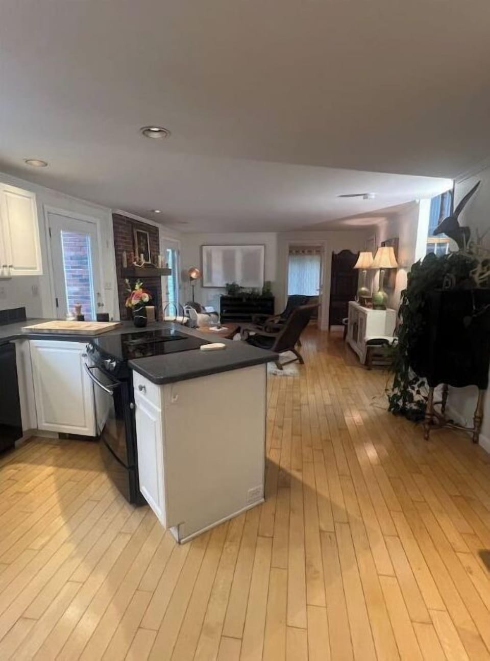 Kitchen abuts a sitting area with a TV.