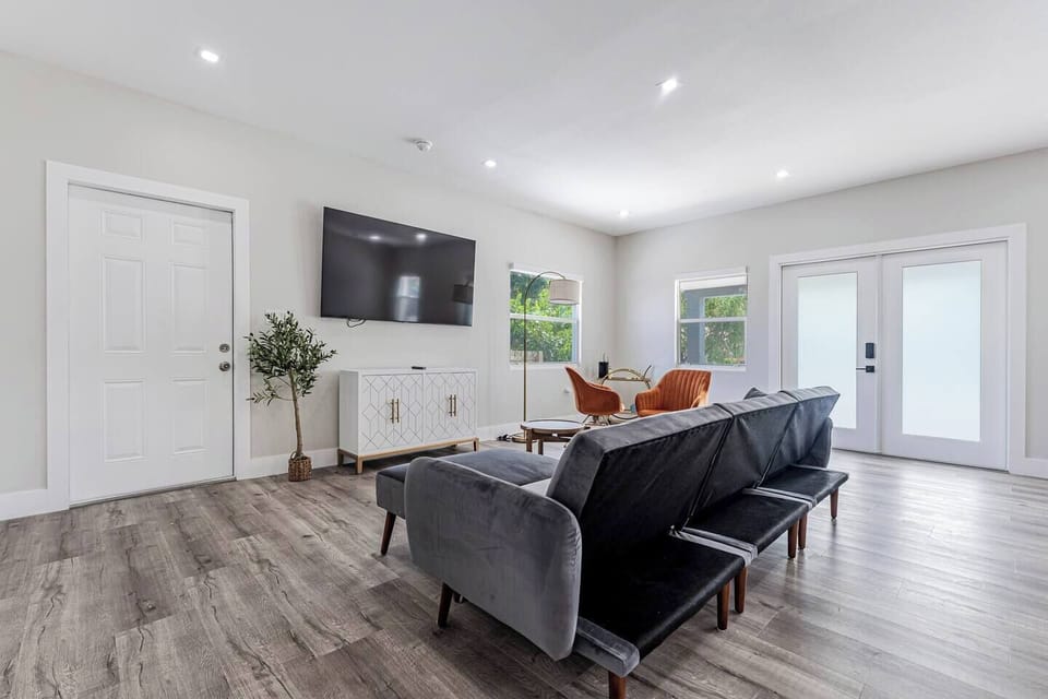 In the front unit, enjoy a sleeper sofa and two accent chairs nestled right in front of the Smart TV for ultimate relaxation.