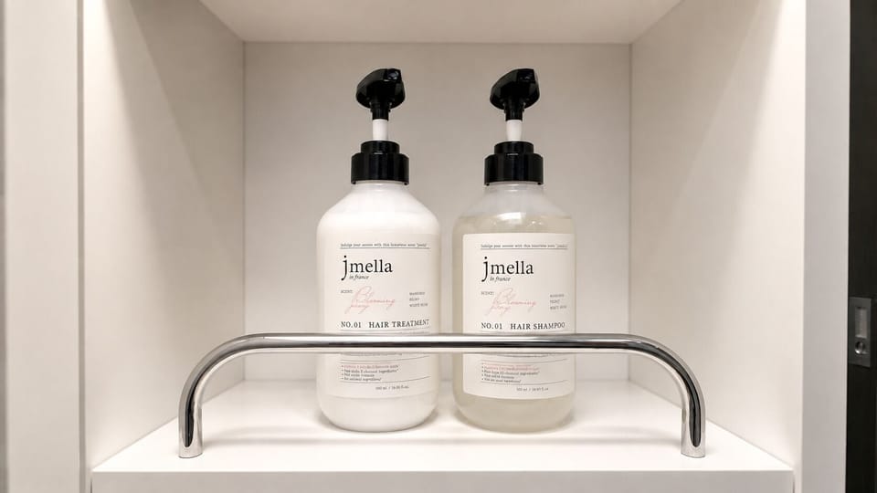 Shower, designer toiletries, hair dryer, slippers