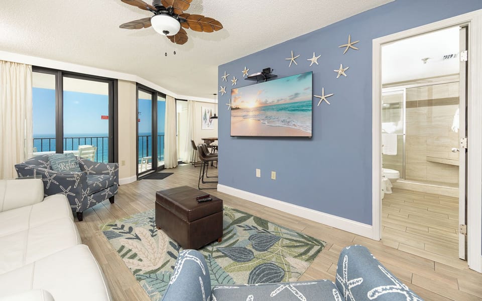 Cozy living room invites you to unwind with a good movie after a day on the water