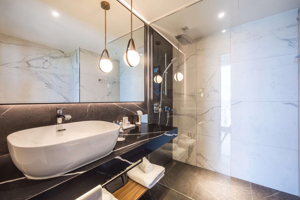 Rainfall showerhead, hair dryer, slippers, towels