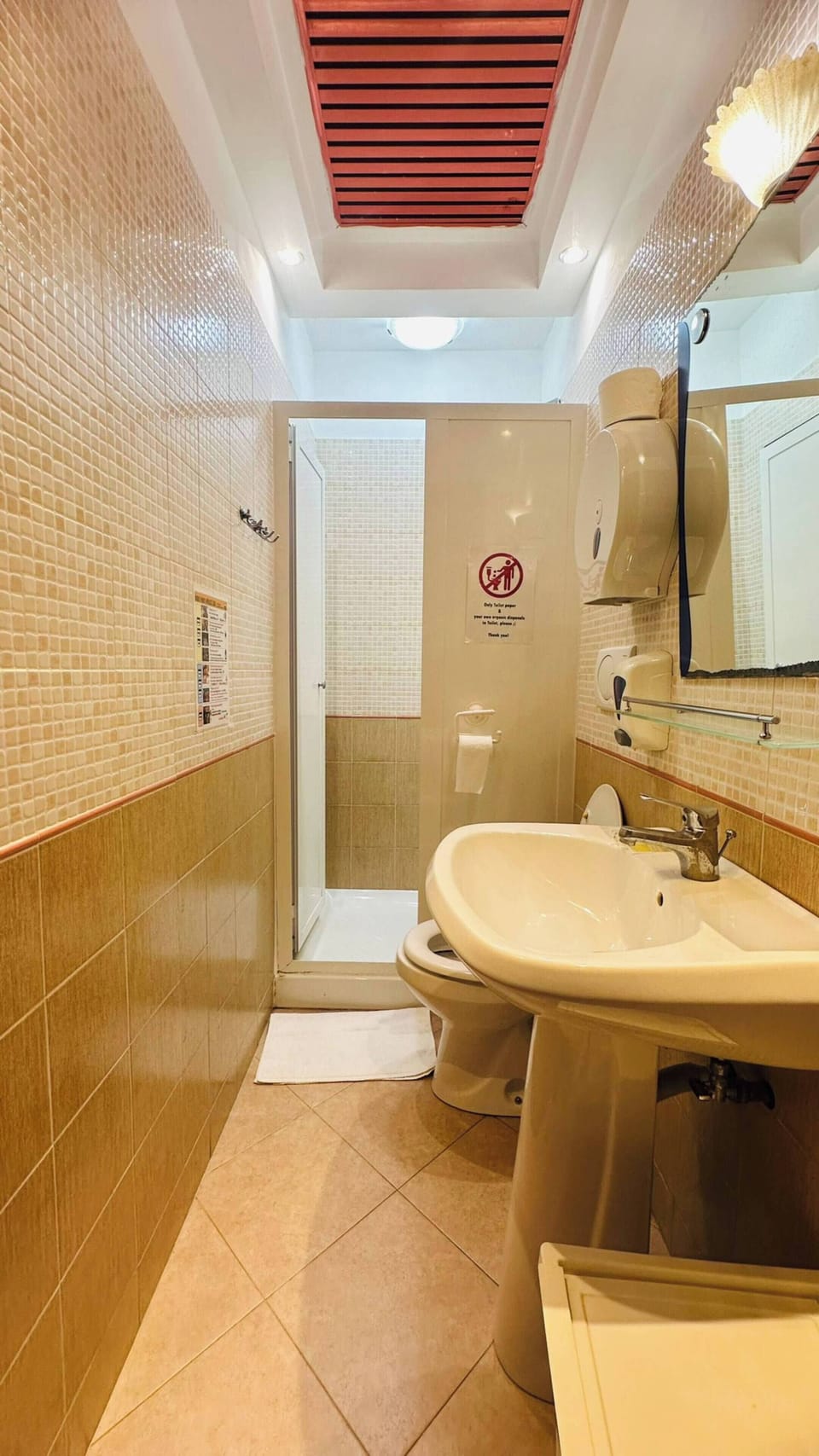 Combined shower/tub, free toiletries, hair dryer, towels