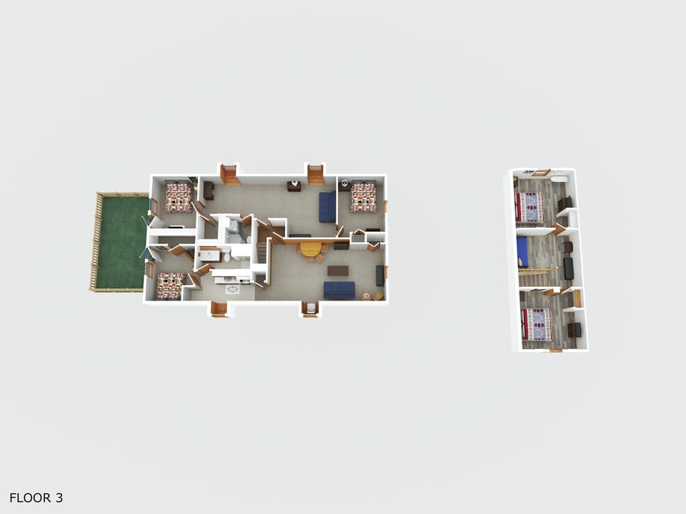 Upper level layout with multiple bedrooms, loft, bath, and balcony.