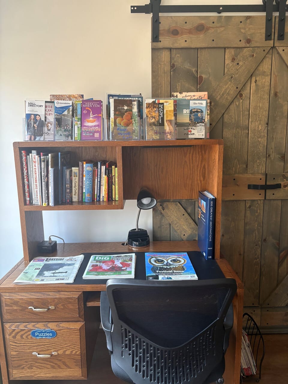 Local event information and brochures of local happenings. Reading material.