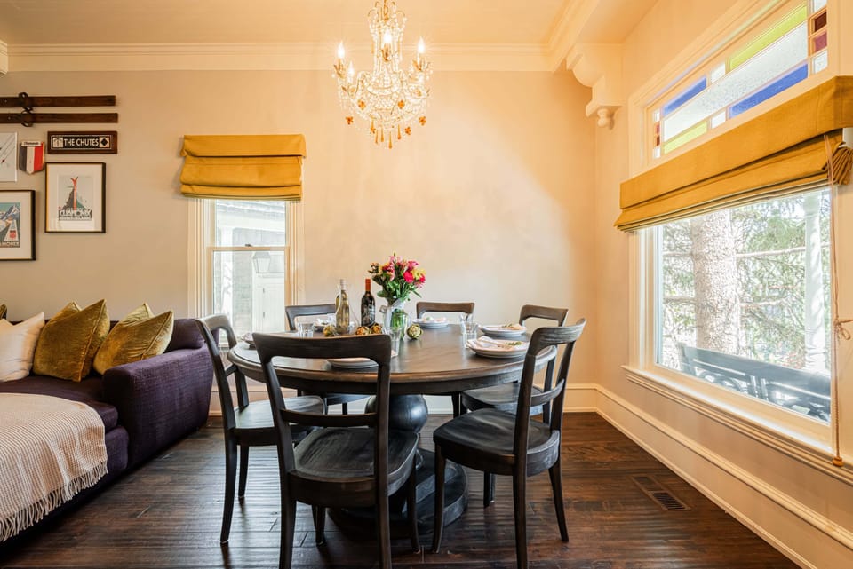Dining area with beautiful chandelier