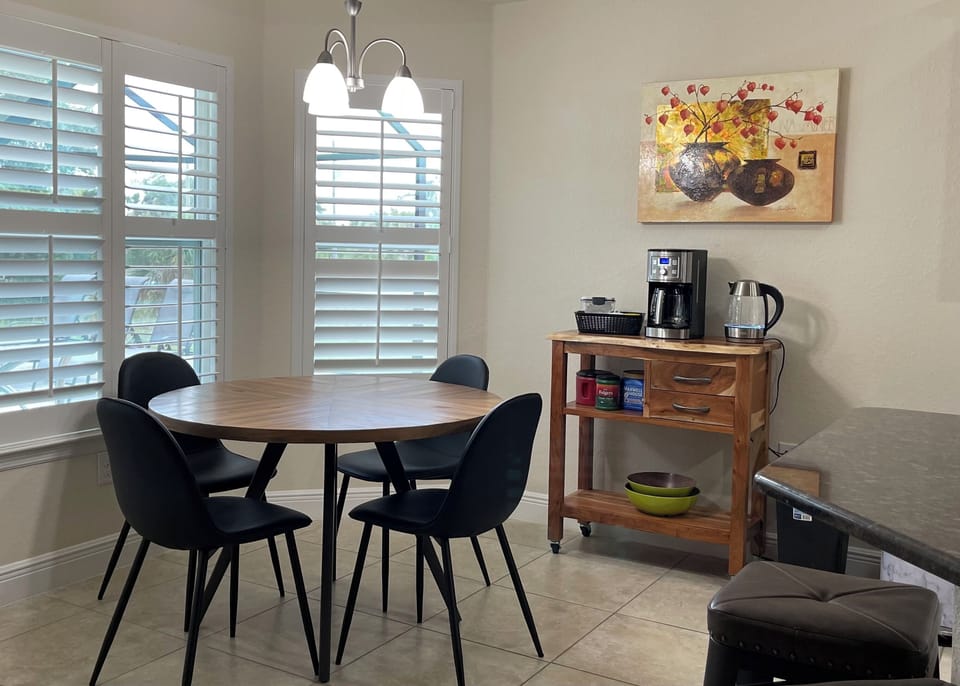 Breakfast nook, coffee maker and tea kettle, 
filters and coffee while it lasts