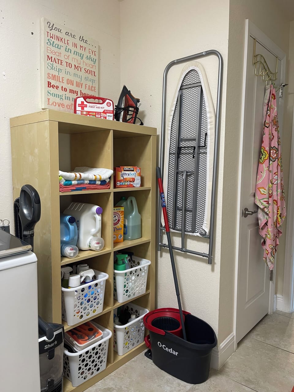 First Aid kit, cleaning supplies, laundry detergent, iron/board and some tools