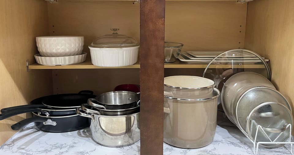 Pots and pans and more bowls and plates.