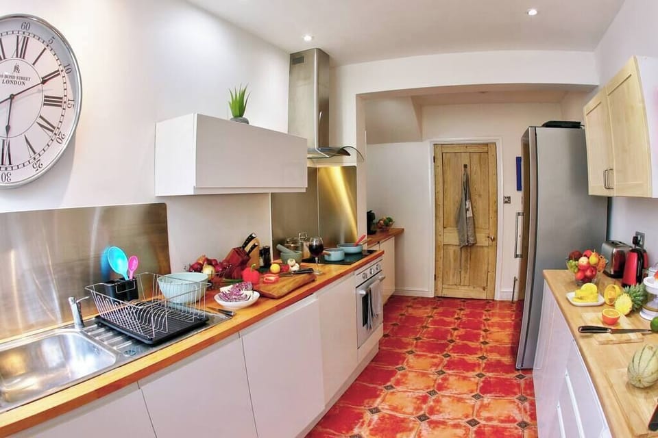 Chef's kitchen with full size Smeg larder fridge and lots of counter space.