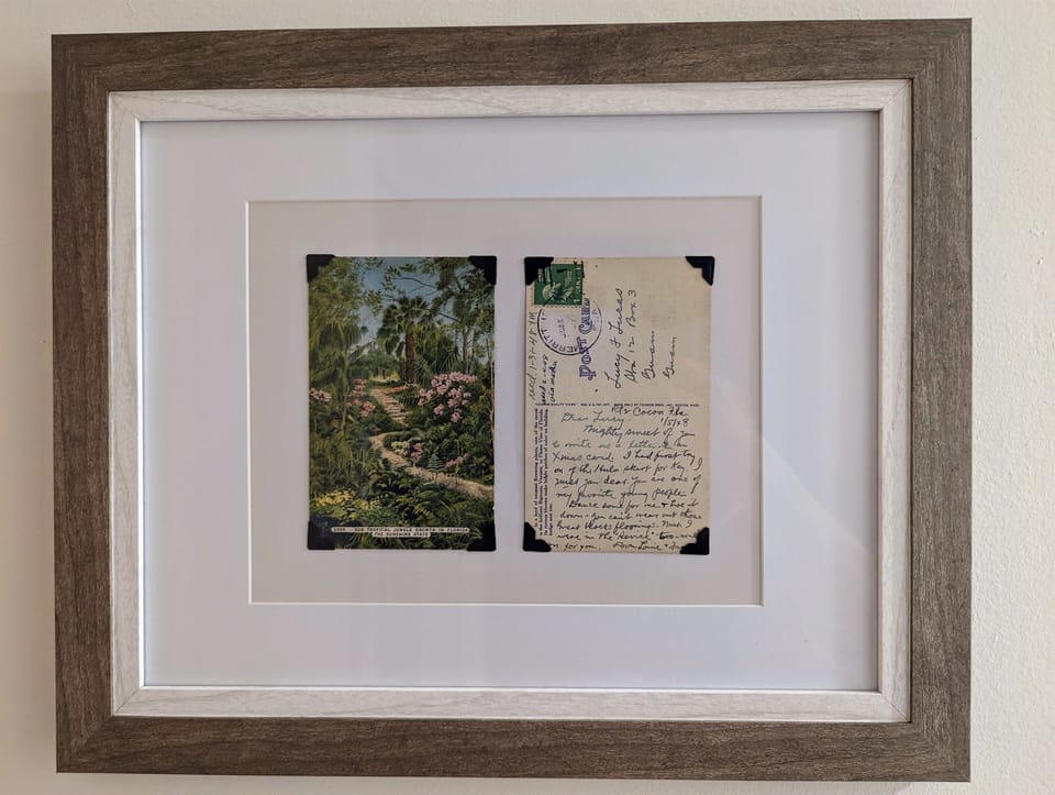 Featuring our vintage postcards from South Florida, and beyond, thru out the apartment. This holiday card was received January 31st, 1948. 1 cent stamp!