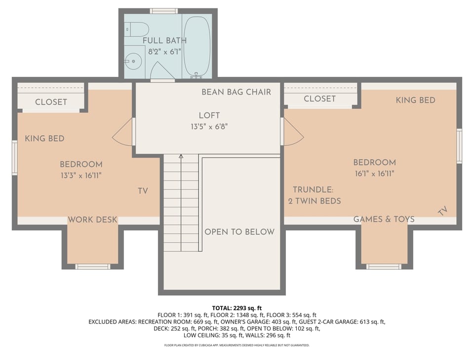 Upper level with 2 bedrooms, full bath, and cozy lounge area for families