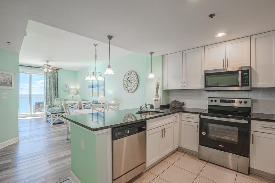 View of the condo from the fully equipped kitchen