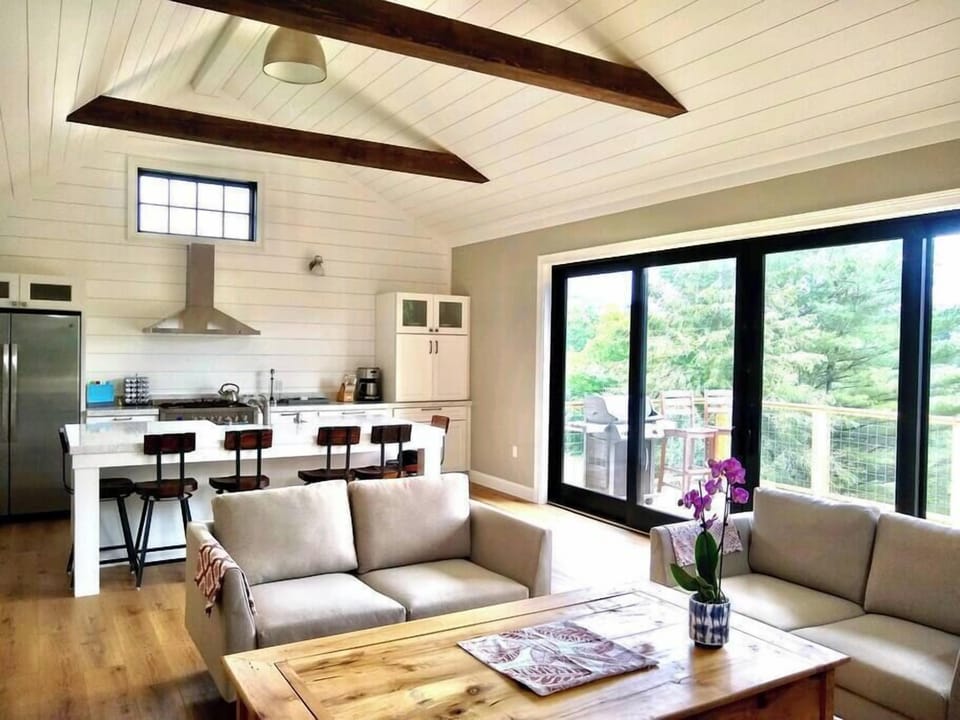 Kitchen, dining, and living room
