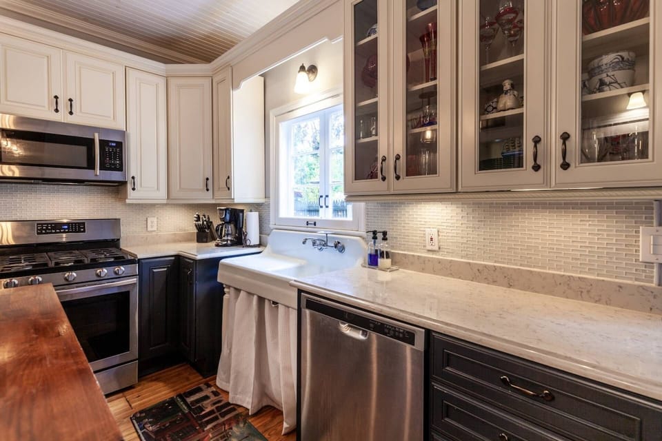 There's plenty of counter space and a view out to the pretty patio.