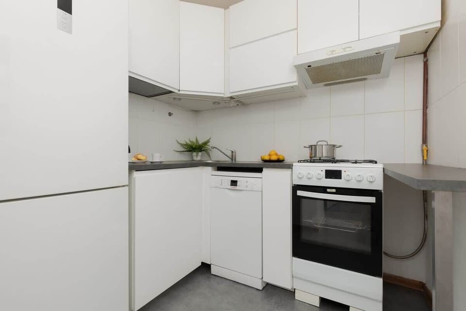 Kitchen with a fridge, freezer, oven, gas cooker, electric kettle and dishwasher.