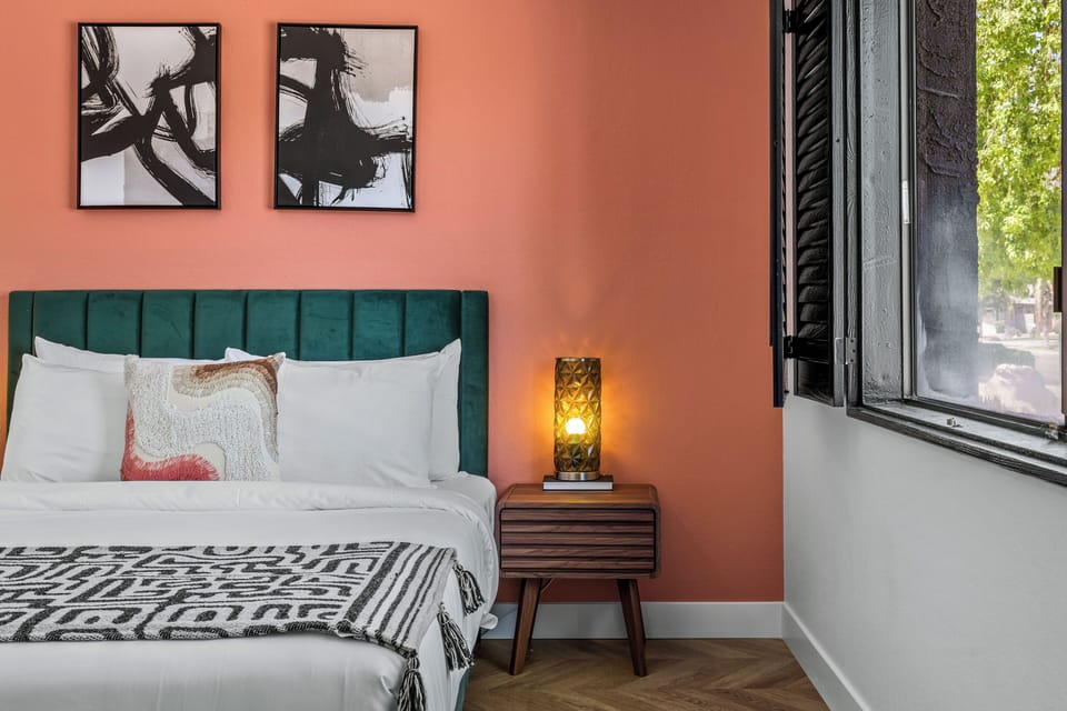 Fun pops of color dot this room