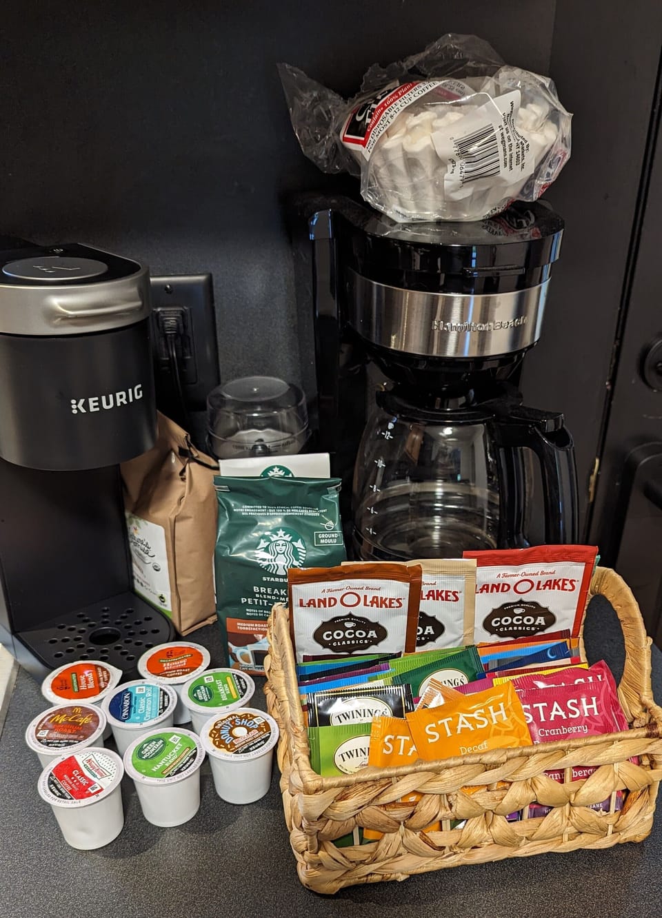 Keurig and drop coffee maker with drink  selections
