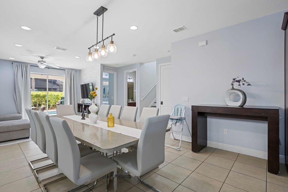 Elegant dining area with seating for ten, perfect for family gatherings.