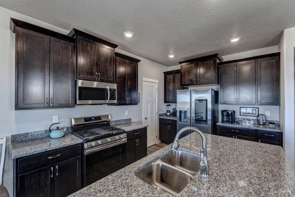 Gas stove, microwave, large fridge with lots of space to store groceries for extended stays
