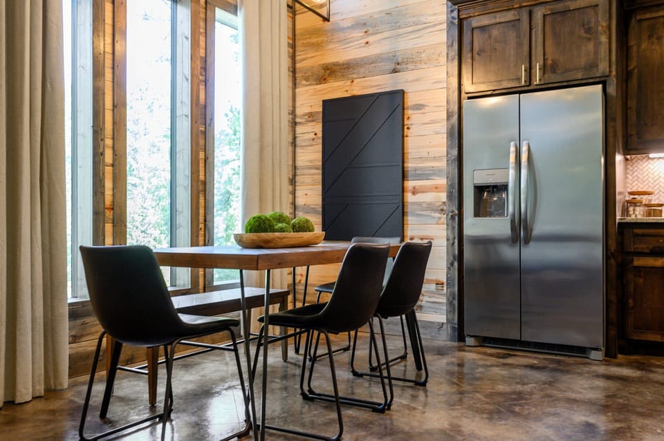 Dining table with bench for family meals.