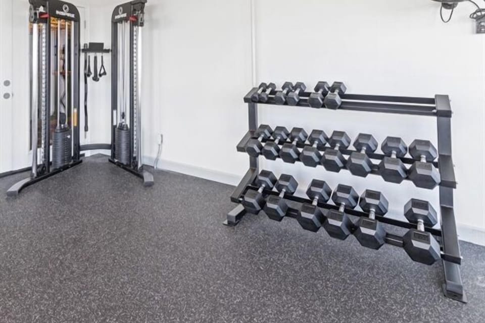 Mountain Lodge has a new gym with a view all the way down to the lake (free for guests).