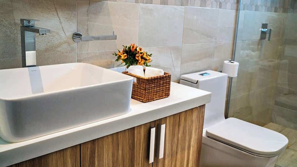 Baño completo con lavabo y decoración
