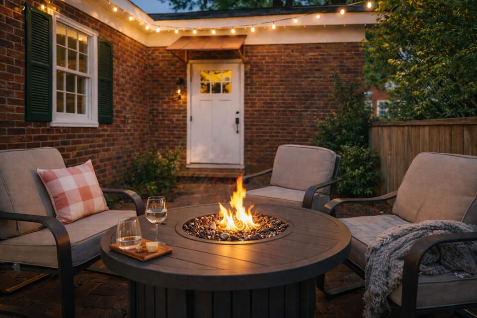 Evenings in the private courtyard with a fire table and soft ambient lighting.