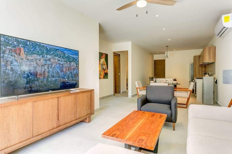 Cozy sofa seating with a Smart TV for downtime moments at home